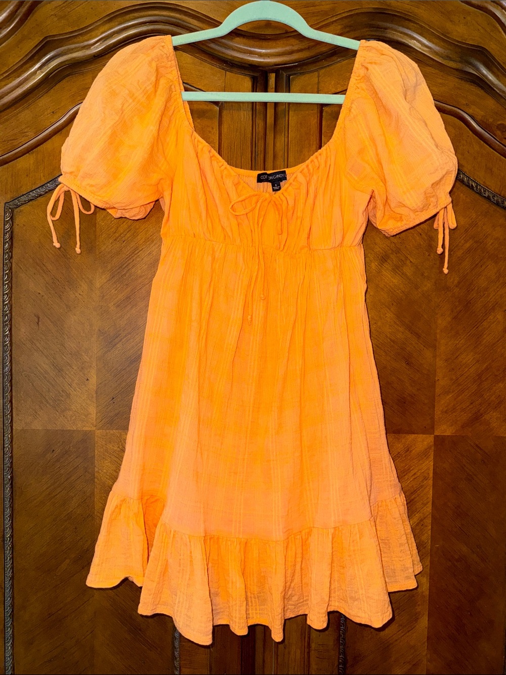 Neon Orange Puff-Sleeve Mini Dress with Tie Neck